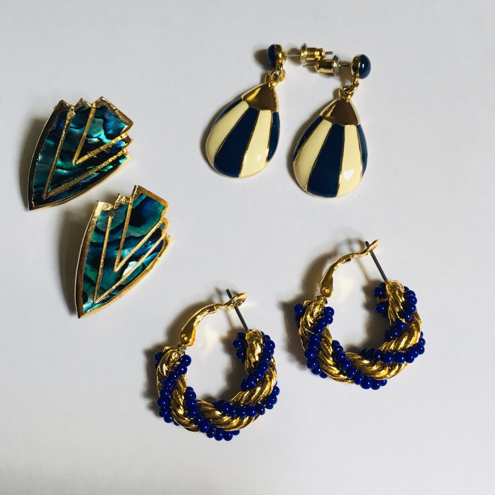 Blue & Gold Pierced Earrings Trio Enamel, etc.